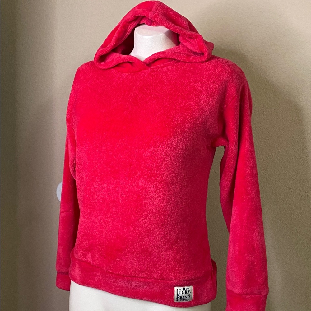 Lucky Brand Hot Pink Fleece furry Pullover hoody top girls L💕💕
